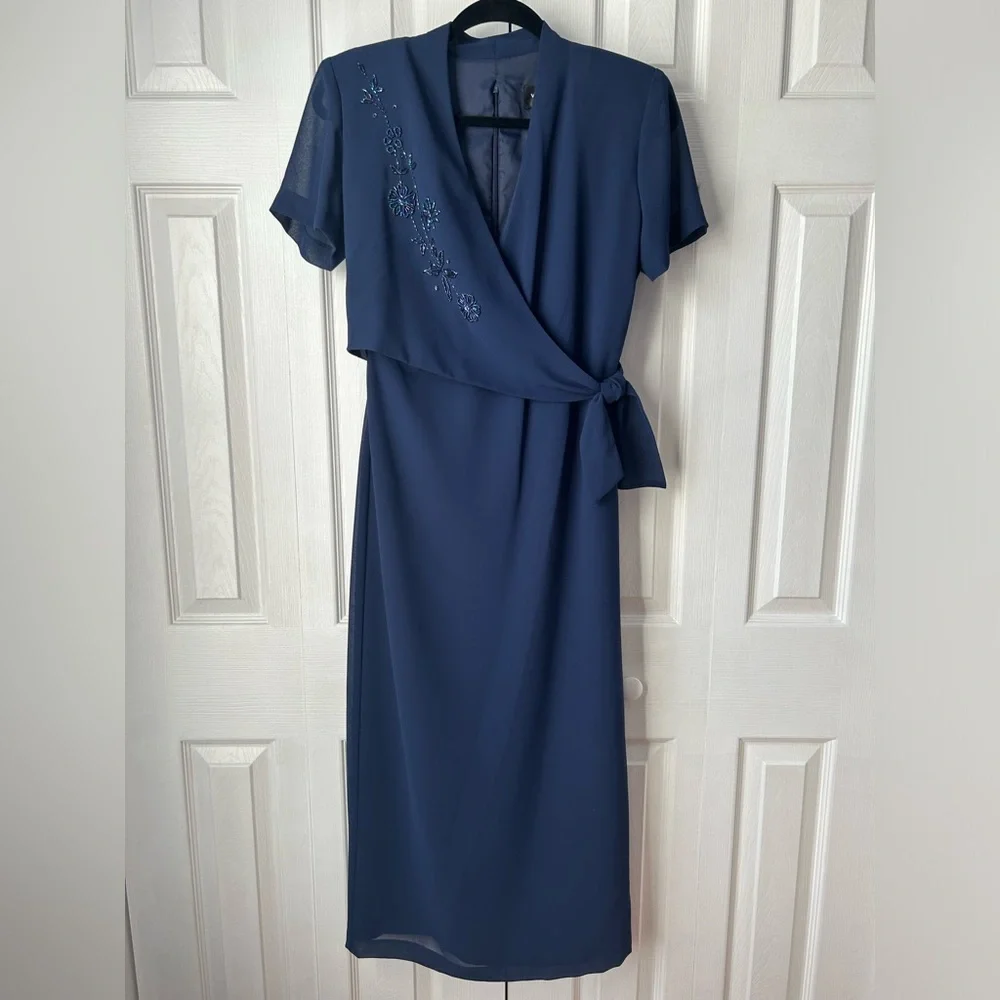 NWT vintage navy blue floral beaded maxi wrap dress - 6 petite